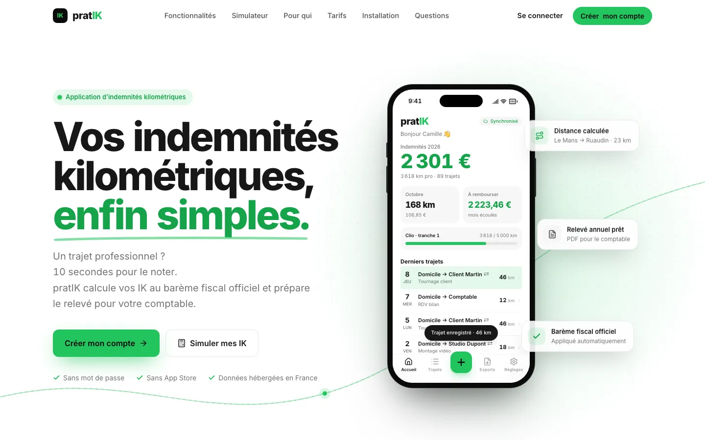 Page d'accueil de pratIK, application de suivi des indemnités kilométriques